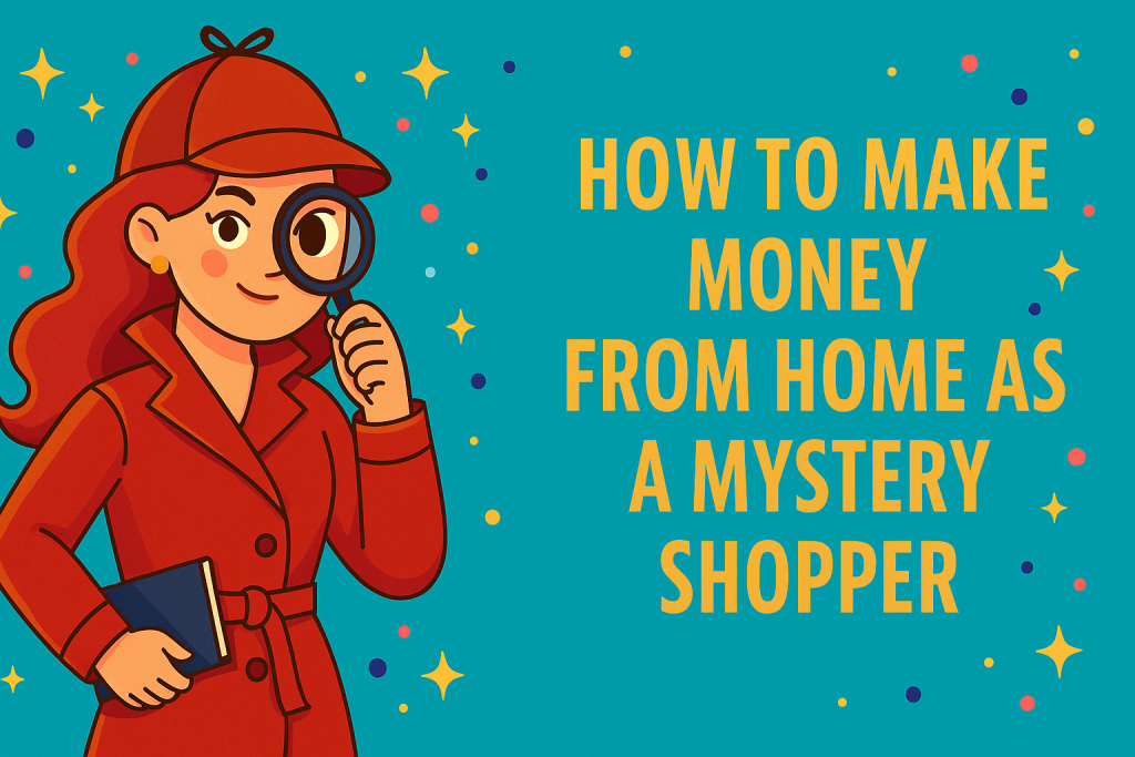 Cartoon female mystery shopper in a red trench coat and deerstalker hat, holding a magnifying glass and notebook, standing beside bold yellow text that reads “How to Make Money from Home as a Mystery Shopper” on a vibrant turquoise background with colorful sparkles.